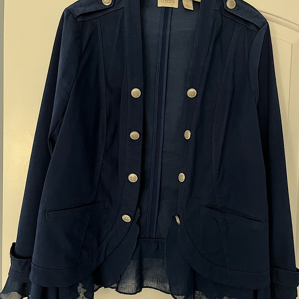 Chico’s Size 1, navy blue, mixed media jacket.